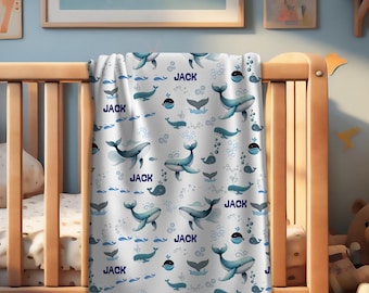 Personalized Whales Baby Blanket: Ocean Nursery Bedding