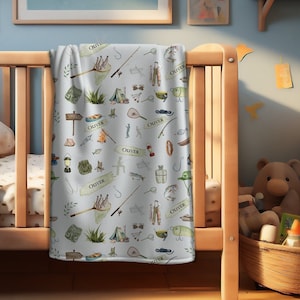 Pesca, cobertor de bebê personalizado, cobertor de menino de pesca, cobertor de bebê personalizado, cobertor de pesca infantil, presentes de chá de bebê, lance de nome personalizado