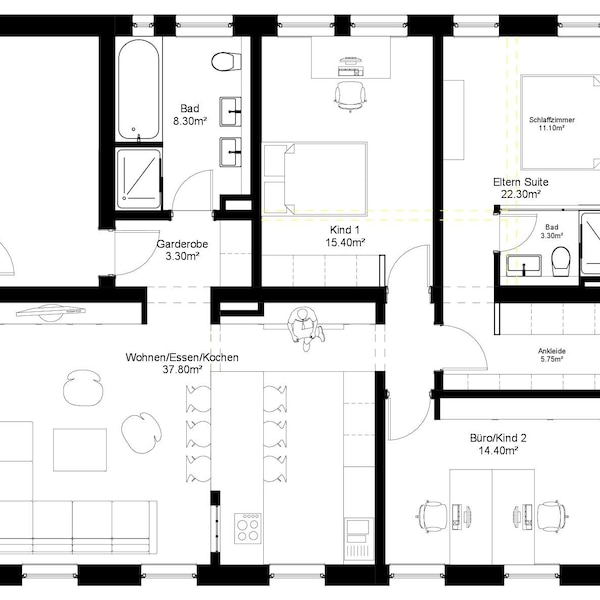 2D floor plan, black and white plan, building, house, apartment, floor