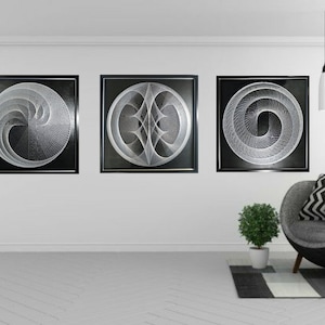 3 piece wall art &quot;White Symmetry&quot;, String-art, 3-D mandala String-art, sacred geometry.
