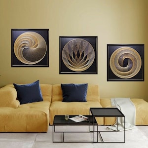 3 piece wall art &quot;Golden Symmetry&quot;, String-art, 3-D mandala String-art, sacred geometry.
