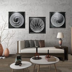 3 piece wall art &quot;White Symmetry&quot;, String-art, 3-D mandala String-art, sacred geometry.
