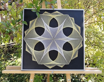 Mandala String Art: 3D Geometric Art on Black Wood
