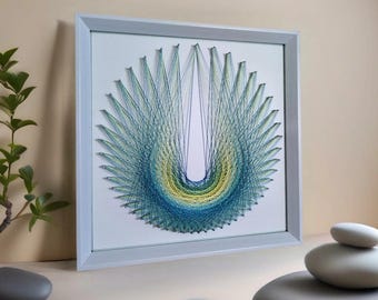 Arte de hilo con cola de pavo real: mandala geométrico, arte lineal abstracto
