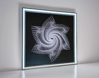 3D-mandala met geometrische snaarkunst: zwart-wit ingelijste muurdecoratie