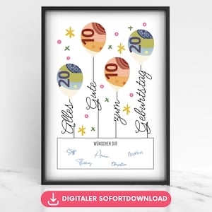 Geldcadeau voor een verjaardagscadeau, ballonnenposter, geldcadeau voor een wensvervuller, last-minute cadeau PDF-download om af te drukken