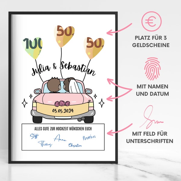 Personalized wedding money gift, wedding car poster gift money, wedding gift idea with names and date, gift for married couple