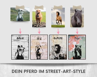 Reiter Geschenk personalisiertes Poster Street Art / Portrait von Foto Pferd Erinnerung / Pferd personalisiertes Geschenk