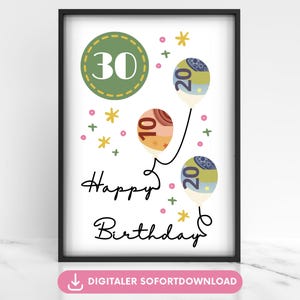 Cadeau d'anniversaire 30 ans, exauceur de vœux pour billets de banque, affiche ballon, emballage cadeau argent, cadeau de dernière minute à imprimer