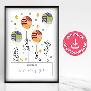 Taufe Geldgeschenk, Luftballons Poster, Wunscherfüller Geld verschenken, Last-Minute-Geschenk PDF-Download zum Ausdrucken