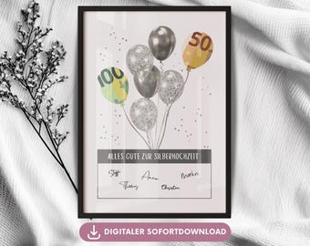 Money gift silver wedding, 25th wedding anniversary gift idea banknotes give money silver wedding, poster anniversary 25 years of marriage