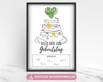 Money gift poster for birthdays, wish-fulfilling money gifts, birthday last-minute gifts to print, wrapping banknotes