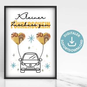 Rijbewijs geld cadeau wensvervuller, cadeau-idee auto geld inpakken, poster bankbiljet inpakken rijbewijs cadeau