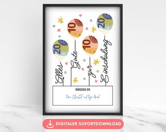 Poster met geldcadeau voor de eerste schooldag, een leuke manier om een wens van schoolkinderen te vervullen, geld cadeau geven, een last-minute cadeau voor de eerste schooldag.