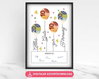 Confirmation money gift poster balloons, wish fulfiller money gift, last-minute confirmation gift, download to print