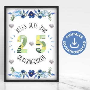 Silver wedding money gift poster, gift idea 25th wedding anniversary, silver wedding gift money, floral picture anniversary 25 years of marriage