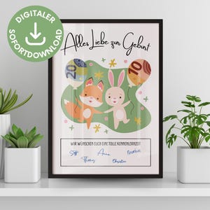 Geburt Waldtiere Geldgeschenk-Poster für 2 Geldscheine, Wunscherfüller Geld verschenken, Last-Minute-Geschenk Baby, Geldscheine verpacken