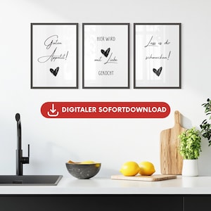 Black and white kitchen poster set of 3, poster with saying wall decoration kitchen, minimalist kitchen poster set to print, poster with hearts