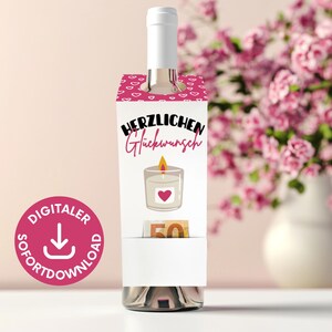 Pendentif vin Félicitations Donner de l'argent Billets de banque Emballage Argent Exauceur de souhaits, Étiquette Cadeau Vin Rose à imprimer