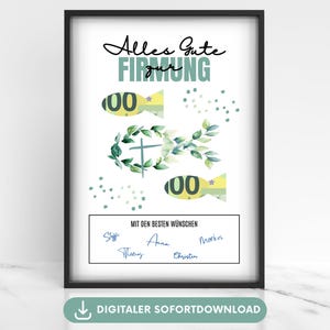 Money gift confirmation fish with cross, gift idea confirmation money, money gift poster for banknotes confirmation wish fulfiller