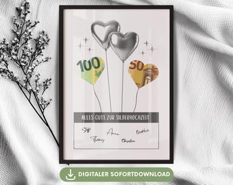 Money gift silver wedding, 25th wedding anniversary gift idea banknotes give money silver wedding, poster anniversary 25 years of marriage