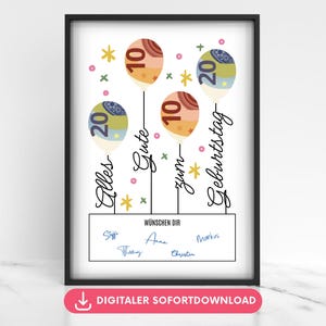 Geburtstag Geldgeschenk, Luftballons Poster, Wunscherfüller Geld verschenken, Last-Minute-Geschenk PDF-Download zum Ausdrucken