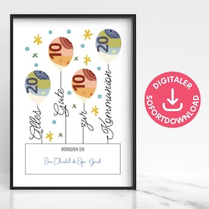Kommunion Geldgeschenk, Luftballons Poster, Wunscherfüller Geld verschenken, Last-Minute-Geschenk Kommunion, PDF-Download zum Ausdrucken