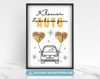 Regalo auto con soldi, esaudire un desiderio, auto nuova, idea regalo, confezione auto con soldi, poster, confezione banconote, regalo auto con banconote