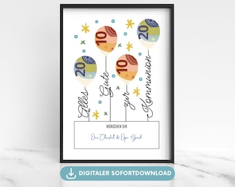 Communion money gift, balloon poster, wish fulfillment gift of money, last-minute communion gift, printable PDF download