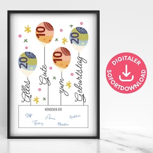 Geburtstag Geldgeschenk, Luftballons Poster, Wunscherfüller Geld verschenken, Last-Minute-Geschenk PDF-Download zum Ausdrucken
