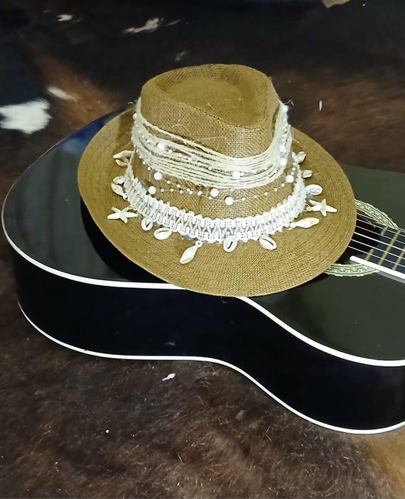 Handmade Boho Cowboy Hat With Shells & Starfish, Pearls  display picture 1