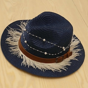 Pasionarte Hand Made One Of A Kind Straw Cowboy Hat With Tassles And Pearls Boho Hat With Shells Rope Tassels Handmade Beach Hat With  main image 3