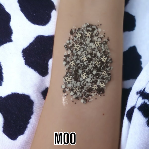 Moo/ol' McDonald's body and hair glitter gel in white and black glitter with polymer clay slices of pigs sheep and cow print