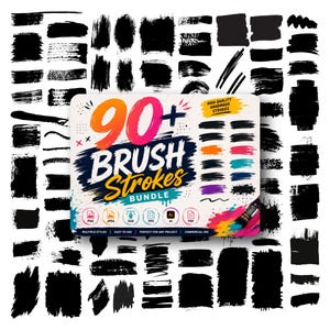Könnte beinhalten: Eine Sammlung von über 90 schwarzen Pinselstrichen in verschiedenen Formen und Größen, mit einer zentralen Karte mit der Aufschrift "90+ Brush Strokes Bundle". Die Karte enthält auch Symbole für PNG-, JPEG-, SVG-, EPS-, AI- und PDF-Formate.