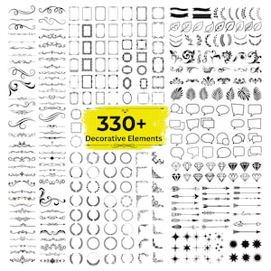 Könnte beinhalten: Eine digitale Sammlung von über 330 schwarzen dekorativen Elementen auf weißem Hintergrund, darunter Schnörkel, Rahmen, Blätter, Sprechblasen, Diamanten, Pfeile und Sterne. Ein gelbes Etikett in der Mitte zeigt den Text 330+ Decorative Elements.