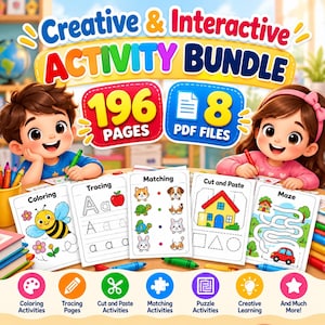Könnte beinhalten: Ein digitales Aktivitätsbündel mit 196 Seiten und 8 PDF-Dateien. Die Grafik zeigt zwei Zeichentrickkinder beim Zeichnen sowie Beispielarbeitsblätter für Ausmalen, Nachspuren, Zuordnen, Schneiden, Kleben und Labyrinthe mit Symbolen.