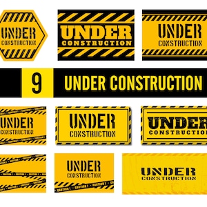 Könnte beinhalten: Eine Sammlung gelb-schwarzer Schilder und Banner mit der Aufschrift "Under Construction". Die Schilder variieren in Form und Design und weisen schwarzen Text und Warnbänder auf. Das Bild vermittelt ein Bau- oder Wartungsthema.