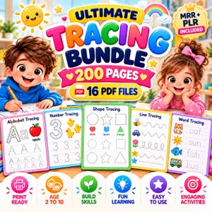 Könnte beinhalten: Ein digitales Bildungsprodukt mit dem Titel Ultimate Tracing Bundle, das 200 Seiten und 16 PDF-Dateien enthält. Die Grafik zeigt einen Jungen und ein Mädchen mit Arbeitsblättern zum Nachzeichnen von Alphabet, Zahlen, Formen, Linien und Wörtern sowie Symbole für druckfertig, Alter 2 bis 10, Fähigkeiten aufbauen, spielerisches Lernen, einfache Anwendung und ansprechende Aktivitäten.