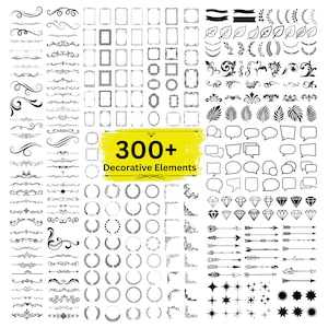 Könnte beinhalten: Eine Sammlung von über 300 schwarzen dekorativen Elementen, darunter Bordüren, Rahmen, Blätter, Sprechblasen, Diamanten, Pfeile und Sterne. Der Text "300+ Decorative Elements" befindet sich auf gelbem Hintergrund.