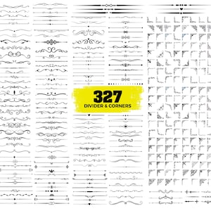 Könnte beinhalten: Eine Sammlung von 327 schwarzen Trennlinien und Ecken in verschiedenen dekorativen Designs. Das Bild enthält gerade Linien, Wirbel und Eckelemente, ideal für Grafikdesignprojekte. Der Text "327 DIVIDER & CORNERS" wird auf gelbem Hintergrund angezeigt.