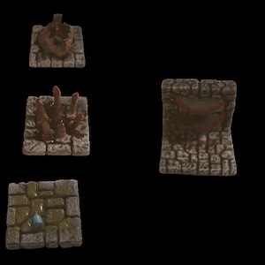 May include: Four square dungeon tiles with different details. One tile has a bloody hand reaching up from the ground. Another tile has a bloody skull with a sword sticking out of it. Another tile has a bloody wall with a crack in it. The last tile has a puddle of green slime with a blue gem in it.