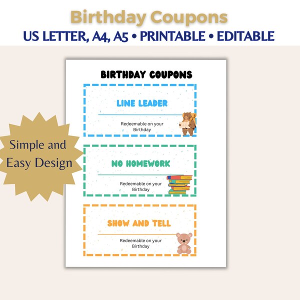 Birthday Classroom Coupons,  School Rewards Coupons, Teacher Classroom Reward Coupons, Student Birthday Coupons Printable and Name Editable