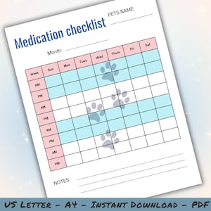 以下が含まれることがあります： ペット用の投薬チェックリスト。週と時間帯のグリッドが特徴です。「Medication checklist」というタイトルは青色で、足跡とハイライトされたセクションがあります。メモとペットの名前のスペースが含まれています。