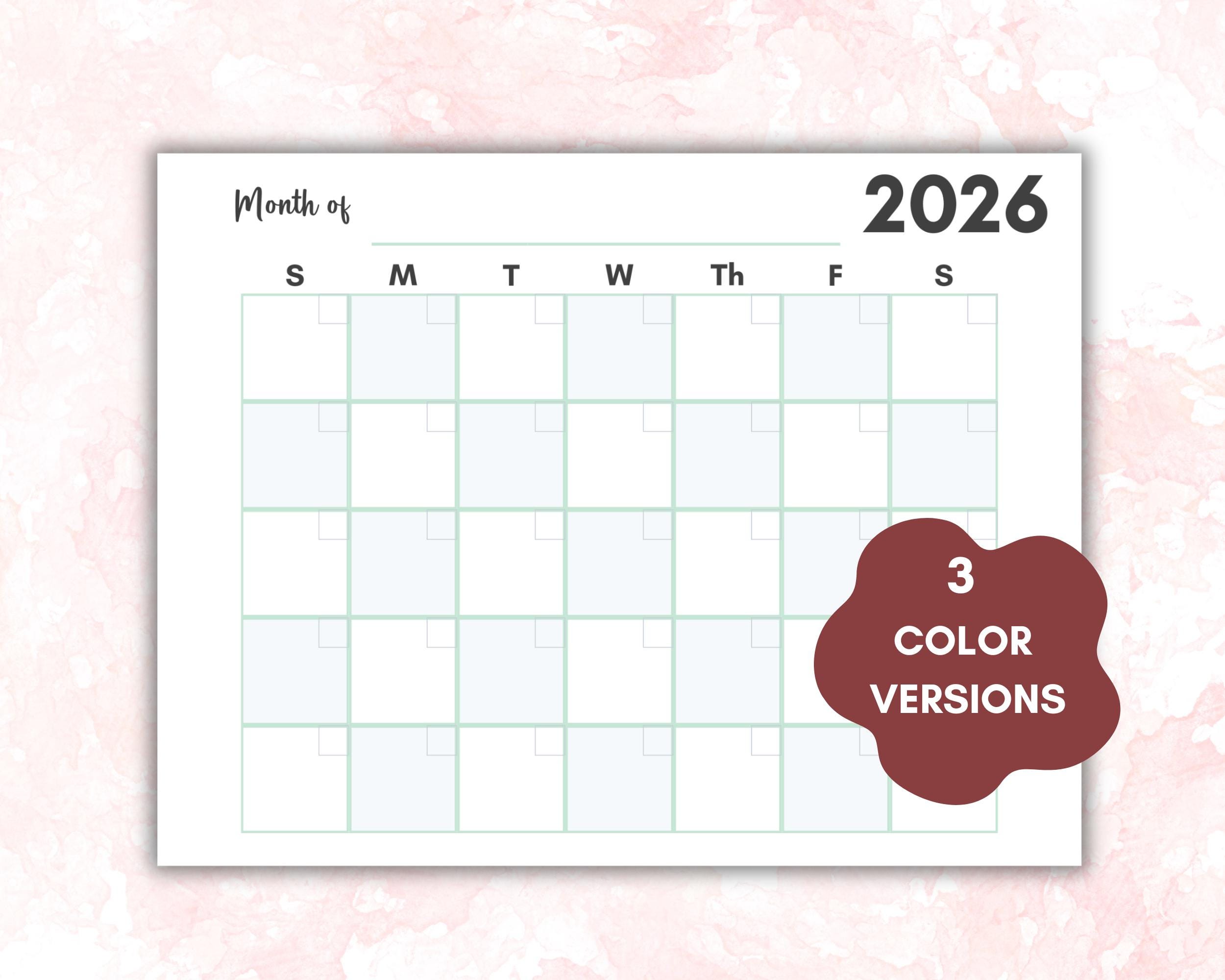 2026 Blank Monthly Calendar – US Letter Printable PDF, Monthly Planner