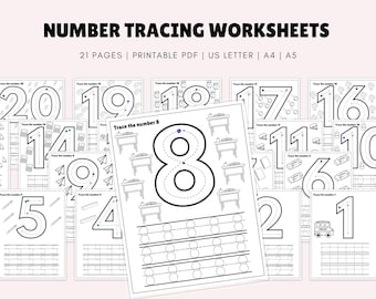 0～20の数字トレースワークシート、算数ワークシート、筆記練習、幼稚園児用トレースワークシート、幼稚園児用練習ワークシート、数字の色分け
