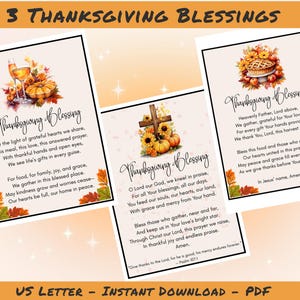 以下が含まれることがあります： 3つの感謝祭の祝福のアートプリント。各プリントには、水彩画のイラストと感謝祭の祈りが描かれています。プリントには、ワイングラス、パイ、十字架、カボチャ、紅葉の画像が含まれています。テキストには「Thanksgiving Blessing」という言葉が含まれています。
