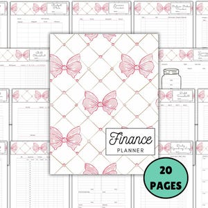 Puede incluir: Un planificador financiero con una cubierta blanca con lazos rosas y un patrón de diamantes. El planificador incluye 20 páginas y las palabras "Finance Planner" en un marco negro. Páginas circundantes con plantillas de planificación financiera.