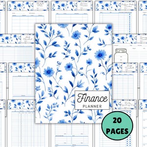 May include: A finance planner with a white cover featuring a blue floral pattern. The planner includes various financial tracking pages, such as a monthly budget, bill checklist, and debt tracker. The planner has 20 pages.