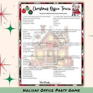 May include: A festive Christmas Office Trivia game sheet with holiday-themed questions. The design features a gingerbread house illustration, red and green accents, and the text "Christmas Office Trivia".