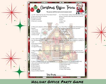 May include: A Christmas Office Trivia game sheet with festive questions. The design includes a gingerbread house illustration, red and green accents, and the text "Christmas Office Trivia".